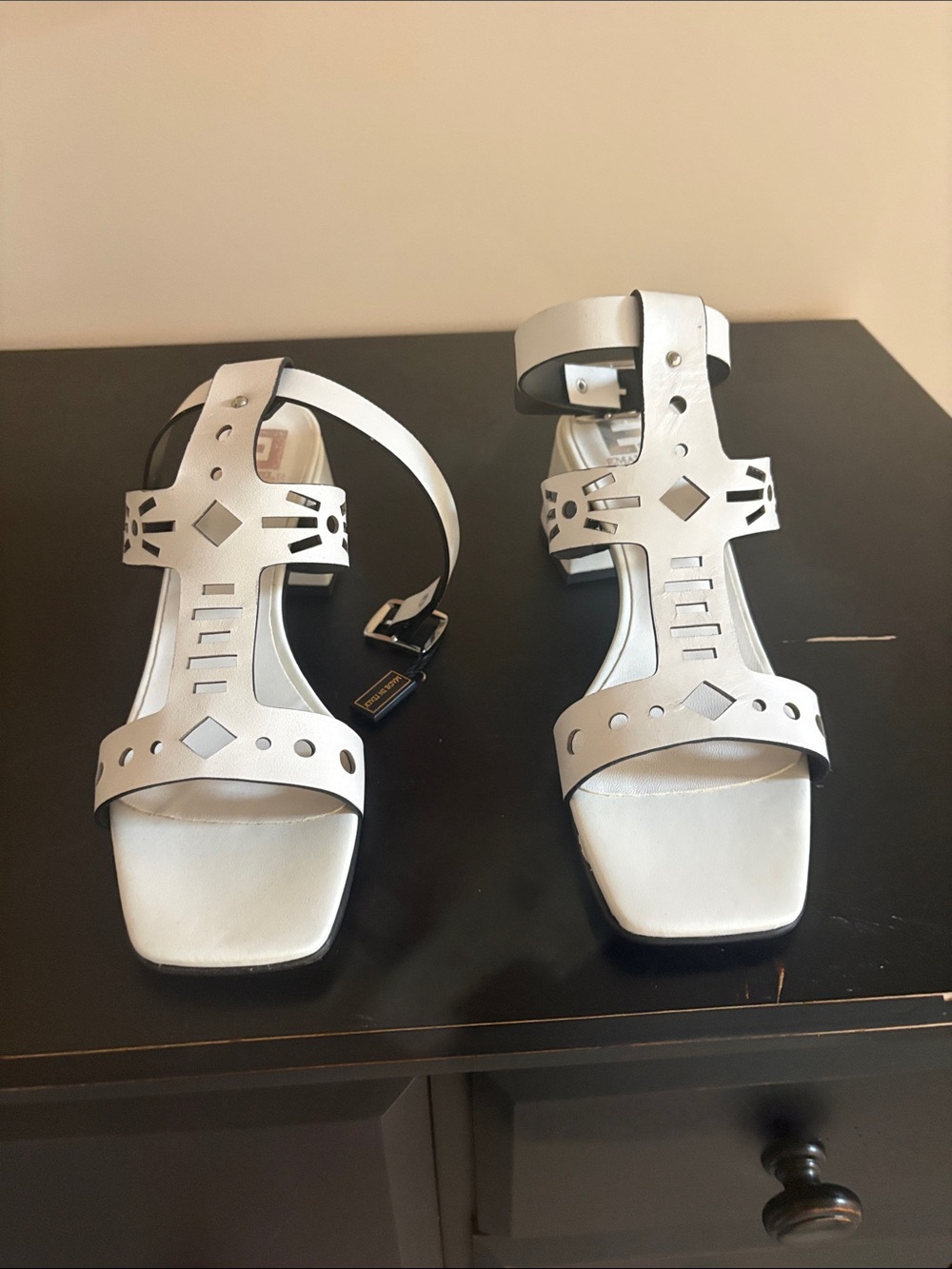 Women's White Laser-Cut T-Strap Ankle Sandals